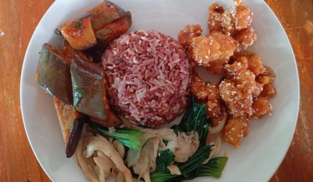 Warung Kecil Infinity のナシチャンプル、色とりどりのおかずがご飯の周りに盛られた一皿