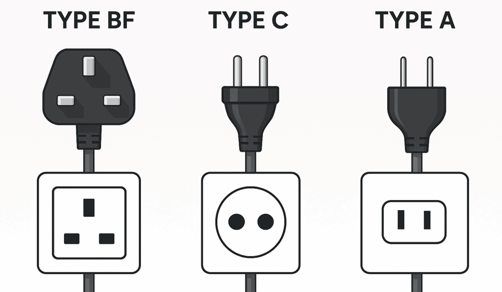 日本（Aタイプ）、マレーシア（BFタイプ）、インドネシア（Cタイプ）の電源プラグ形状と電圧の違いを比較した図