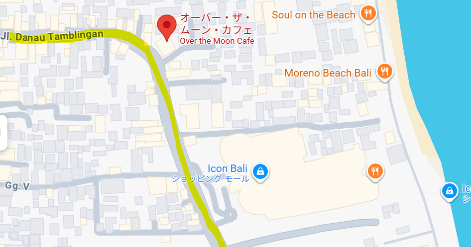 サヌールDanau Tamblingan 通りに沿ってOver the Moon CafeやIcon Bali の位置を表わしている地図