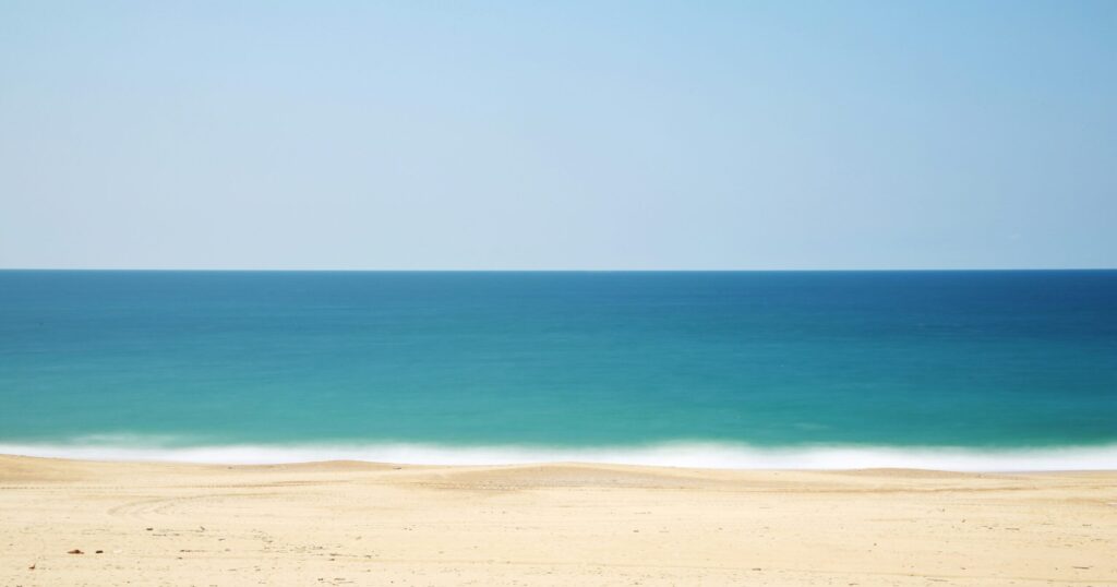 南国のビーチで地平線を映し出している写真