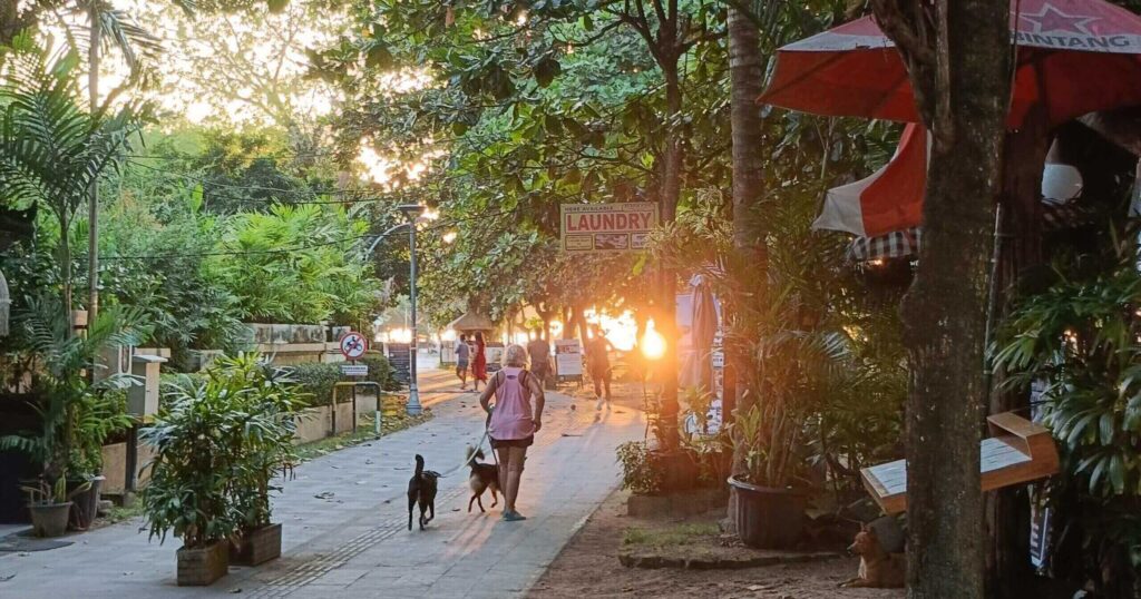 バリ島サヌールビーチ南側、日の出後の遊歩道。人々がランニングしたり犬の散歩などしている様子。