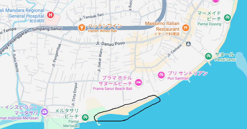 Googleマップ。利用したサヌールの南側にあるビーチエリアを説明。