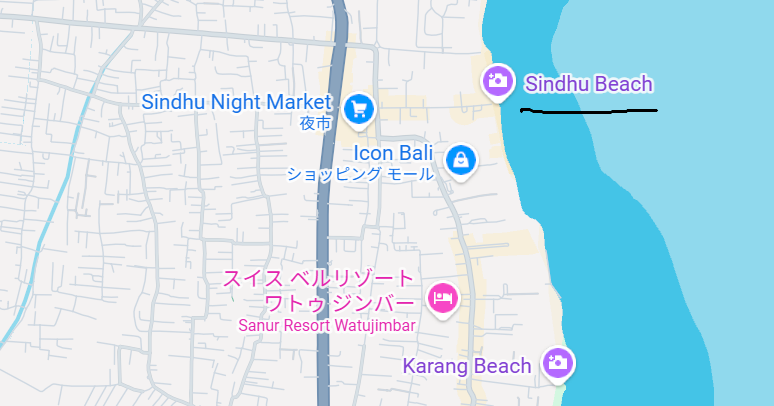 Googleマップ。シンドゥービーチの場所を説明。