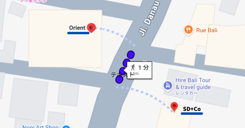 サヌール街歩き雑貨探しにおすすめのOrientとSD+coの位置がわかる地図